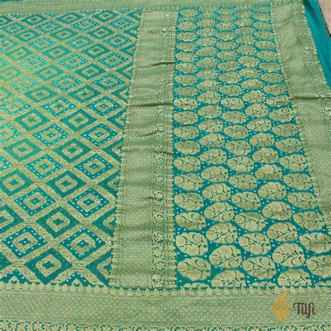 Turquoise Ombr√© Pure Georgette Banarasi Bandhani Handloom Saree - Tilfi