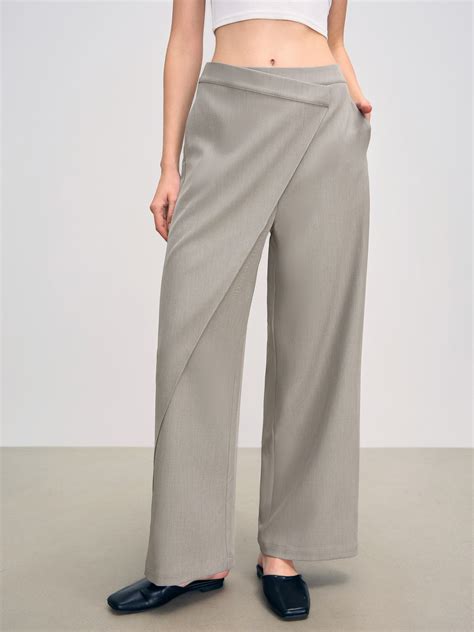 Woven Mid Rise Wrap Pocket Solid Straight Leg Trousers For Work