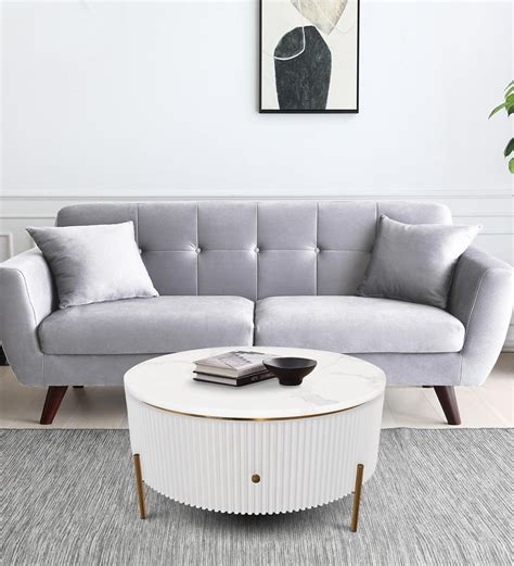 Buy Aster Marble Coffee Table With Drawer in Gold And White Colour at ...