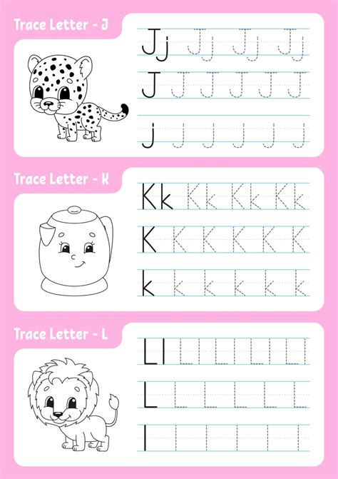 Writing letters j, k, l. Tracing page. Worksheet for kids. Practice sheet. Learn alphabet. Cute ...