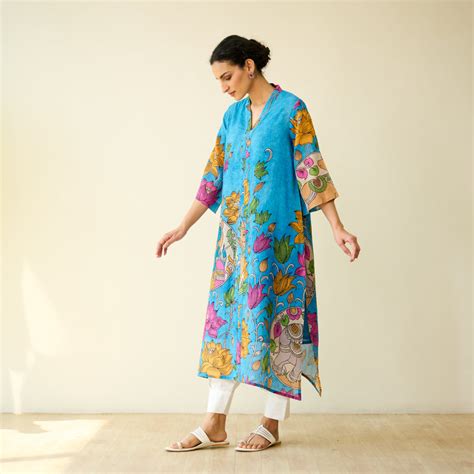 Buy Vrinda Hand Embroidered Kota Doria Cotton Kurta - Electric Blue ...
