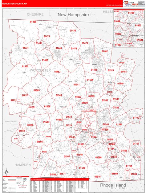 Worcester County, MA Zip Code Wall Map Red Line Style by MarketMAPS ...