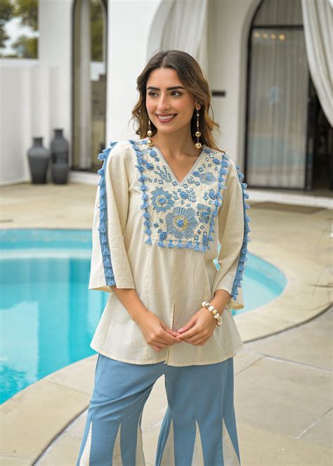 Cotton Embroidered Tunic With Palazzos Co-Ords Set – Zummer