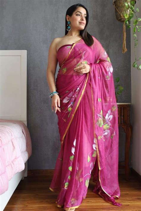 Pink Chiffon with Hand-Painted Floral Prints & Golden Zari Border Ready ...