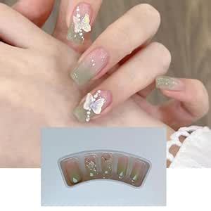 Buy S.A.V.I 24 PCs Long Square Nude Green Ombre Press-On Nails - 3D ...