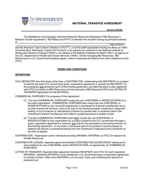 MATERIAL TRANSFER AGREEMENT - BEI Resources