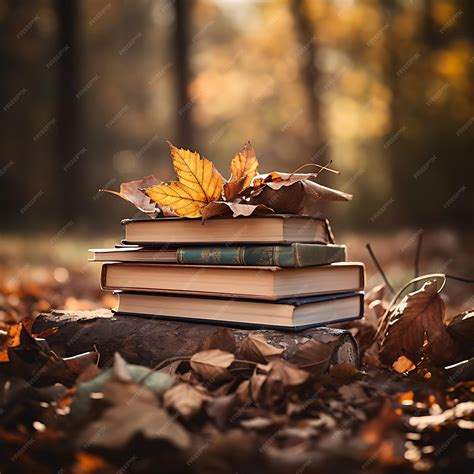 Premium Photo | A stack of books with autumn tree leaves on them on a ...