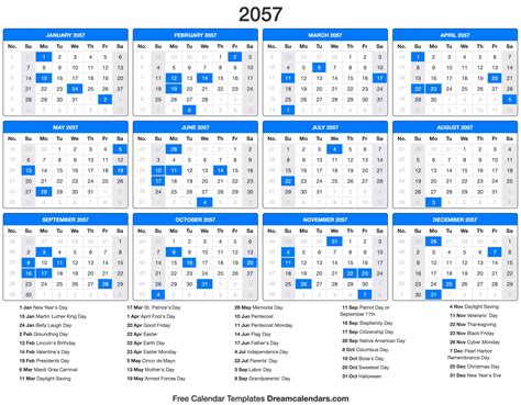 2057 Calendar (PDF, Word, Excel)