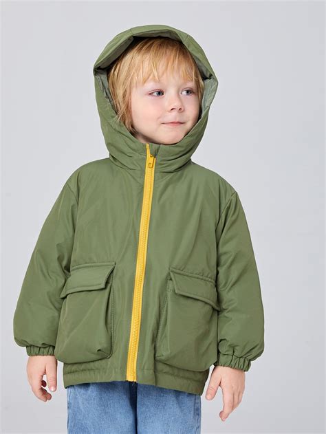 SHEIN Toddler Boys Flap Pocket Zipper Hooded Winter Coat | Toddler boy ...