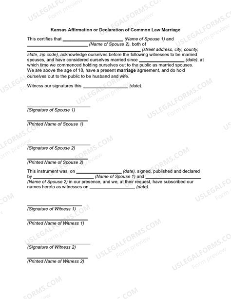 Kansas Affirmation or Declaration of Common Law Marriage - Kansas Law ...