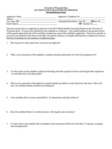 WI UW-Stout MS-MHC Personal Reference Form - Blank Fillable Template ...