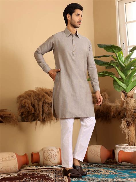 Dark Beige HandwovenCotton Pathani Kurta with Pyjama – See Designs