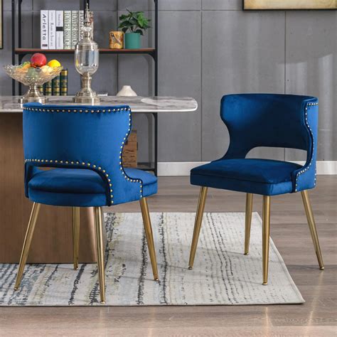 Blue Velvet Dining Chairs Set of 2 with Gold Legs, Upholstered, Mid ...