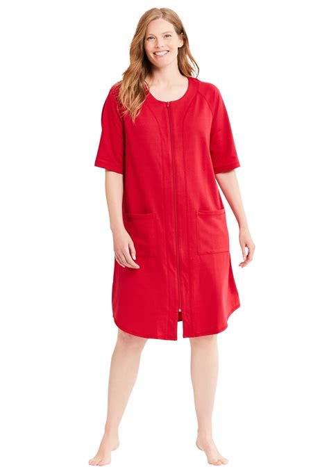 Dreams & Co. Women's Plus Size Short French Terry Zip-Front Robe Robe ...