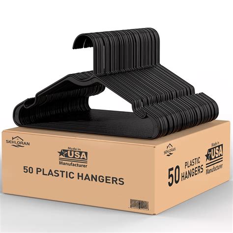 Sehloran Black Plastic Hangers 50 Pack, Durable Non Slip Coat Hanger ...