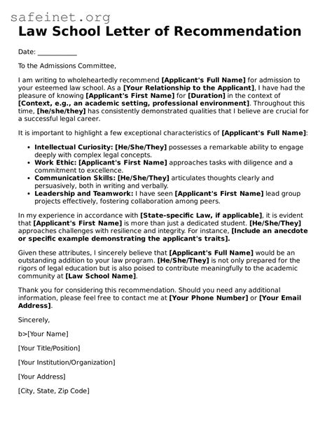 Free Law School Letter of Recommendation PDF Template ≡ SafeInet