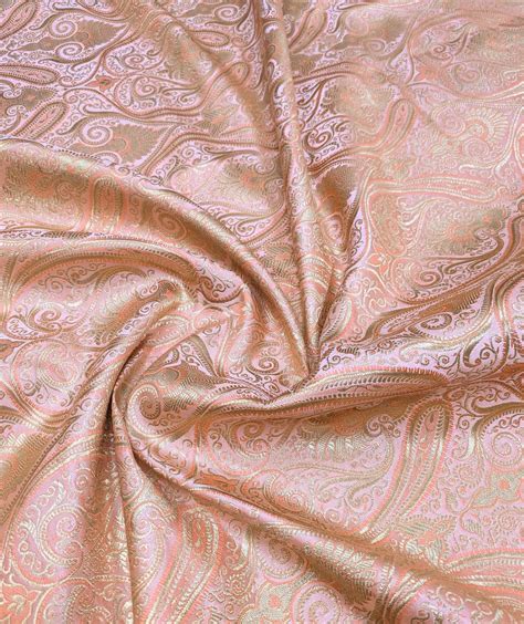 Banarasi Brocade fabric, Coral and Gold color Jacquard fabric, Paisley ...