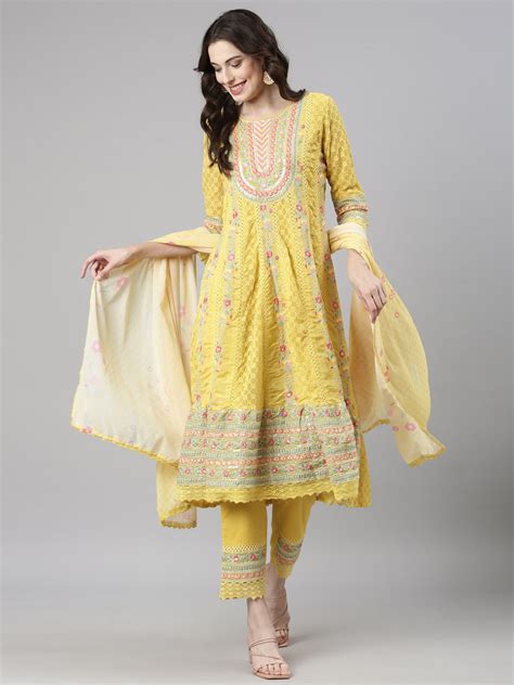 Neerus Yellow Ethnic Chikankari Anarkali Suit Set - Kurta + Trouser ...