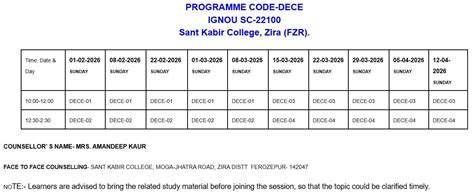 IGNOU-RC-Khanna - Student Corner - Counselling Schedule