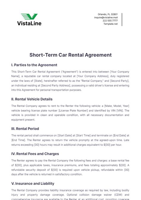 Free Short-Term Car Rental Agreement Template to Edit Online