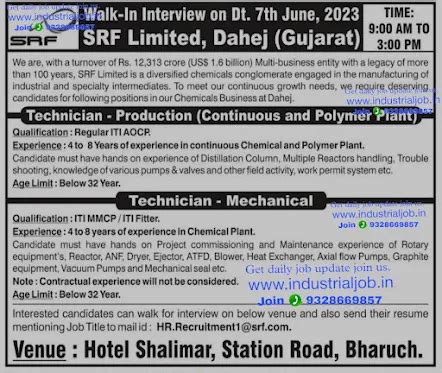 SRF Limited Dahej Walk in interview for Production Maintenance ...