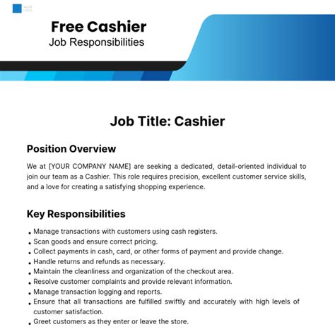 Free Cashier Job Responsibilities - Edit Online & Download | Template.net