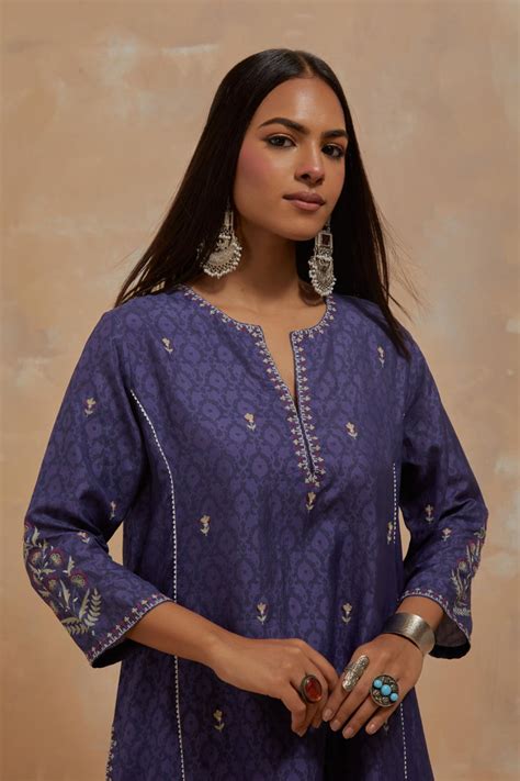 Ford blue silk hand block printed kalidar straight kurta set, highligh ...