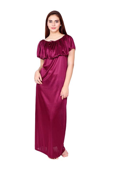 Buy Truenight Women's Satin Solid Maxi Nightgown (True-29_Wine) at ...