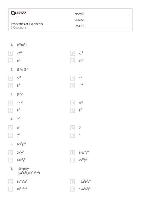 50+ Properties of Exponents worksheets for 8th Class on Quizizz | Free ...