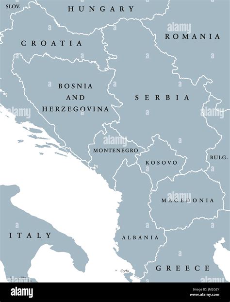 Central Balkan political map with borders. Southeastern countries on the Balkan Peninsula in ...