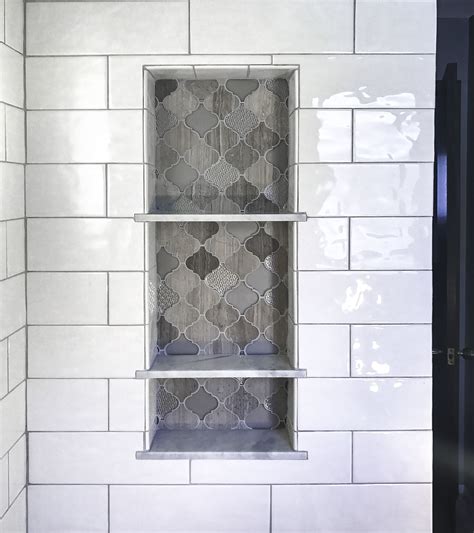 Arabesque Tile Shower Shelf Niche White Subway shower Tile Marble ...