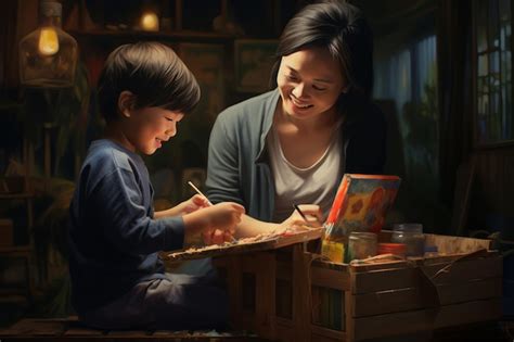 Creative bond a mother and her 2yearold boy painting a 32 wooden box ...