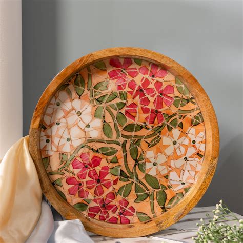 Handcrafted Mango-Wood Wooden Round Tray Flower Branch Design ...