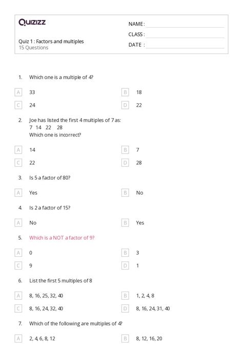 50+ Factors and Multiples worksheets on Quizizz | Free & Printable