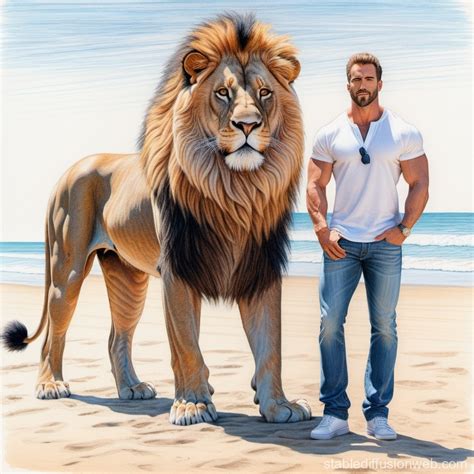 Lion and Man on Beach | Stable Diffusion Online
