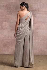 Buy Grey Net, Foil Crinkle Asymmetric One Shoulder Draped Jumpsuit For ...