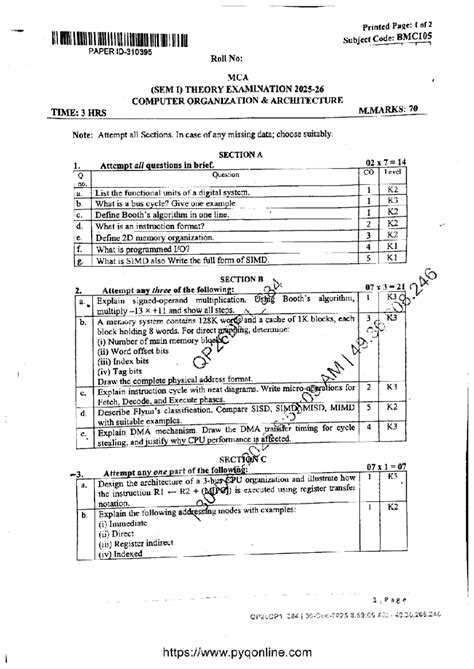 MCA I Sem Computer Organization & Architecture BMC105 Dec 2025 Exam ...