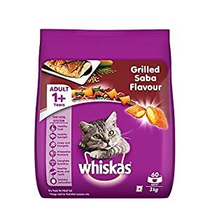 Whiskas Dry Cat Food for Adult Cats (1+ Years), Grilled Saba Flavour, 3 ...