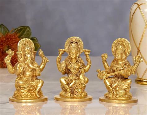 Buy AONA Goddess Lakshmi Ganesha Saraswati Brass Idol Lakshmi Ganesh ...