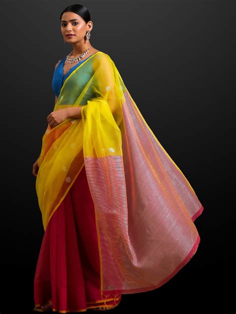 Pink & Yellow Chanderi Saree with Blouse Fabric – Swtantra