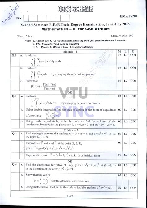 Modified Mathematics II Exam Paper for CSE Stream (BMATS201) - 2025 ...