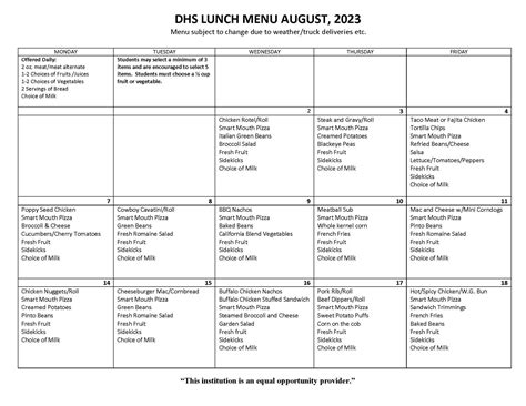 High School Lunch Menu