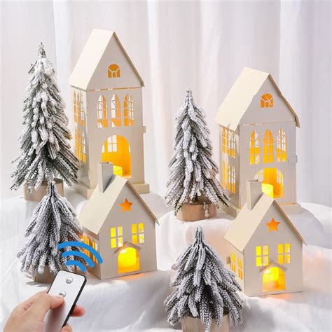 Amazon.com: Geetery 12 Pcs Lighted Christmas Village Set Metal White ...