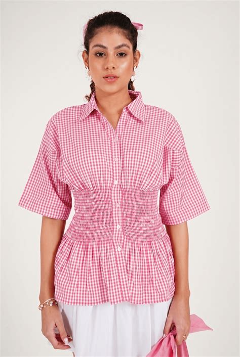 Western Era | Gingham Cotton Shirt | Smocked Waist & Kimono Sleeves ...