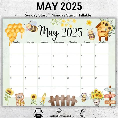 Printable May 2025 Calendar with Cute Bee Theme - Printable Works in ...
