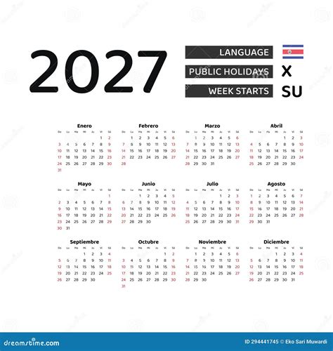 Calendar 2027 Spanish Language with Costa Rica Public Holidays. Stock ...