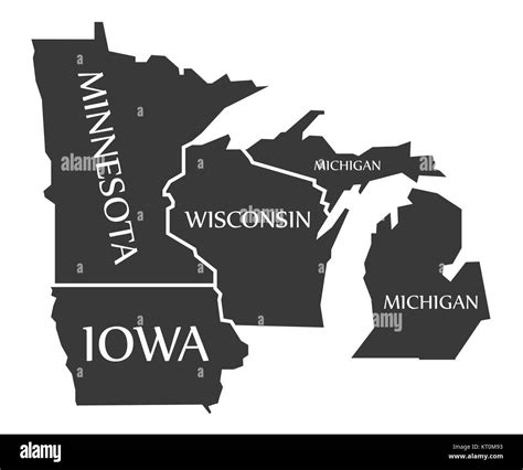 Minnesota - Iowa - Wisconsin - Michigan Map labelled black Stock Photo ...