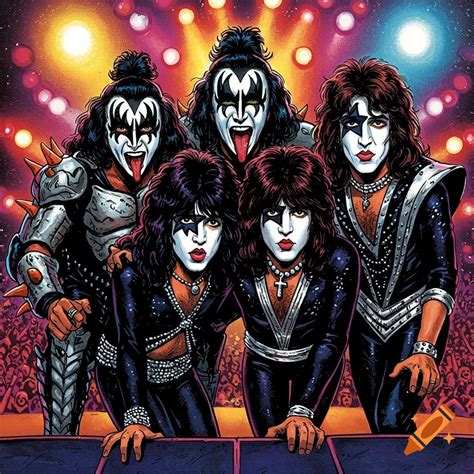 Comic book art of the band Kiss performing live on stage with makeup, costumes, and fire. on Craiyon