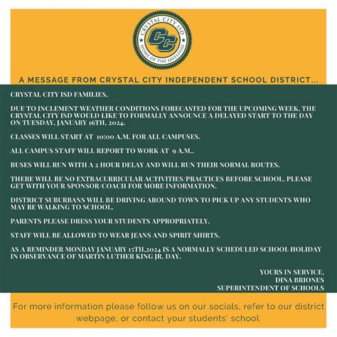 Late Start January 16, 2024 | Crystal City Independent School District