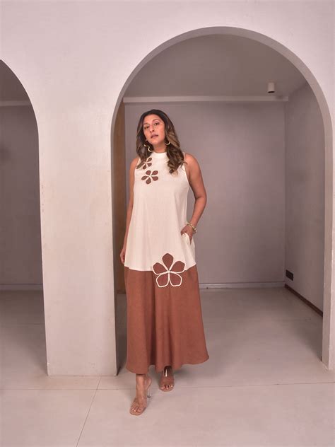Beige and Brown Linen Sleeveless Long Applique Dress for Women | Why So ...